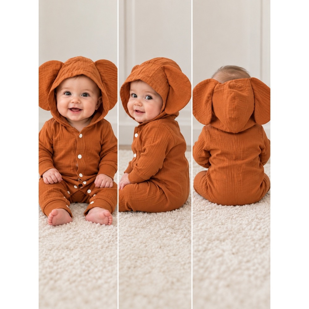 PatPat Baby Hooded Romper Rust Orange Elephant Ears Cotton Gauze 0-3M NEW